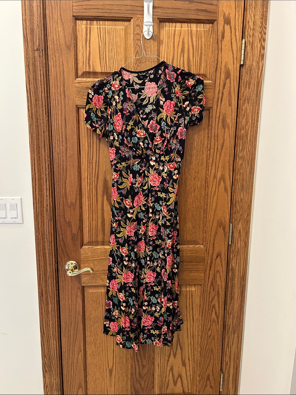 Black Midi Dress with Pink Floral Print